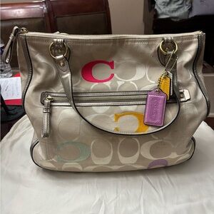 Coach Cream Signature Tote with Pink, Yellow, Lavender & Mint 'C' Accents